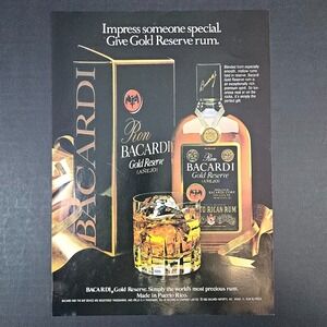 1982 Ron Bacardi Gold Reserve Puerto Rican Rum Vintage Print Ad‎ Bat Logo Miami